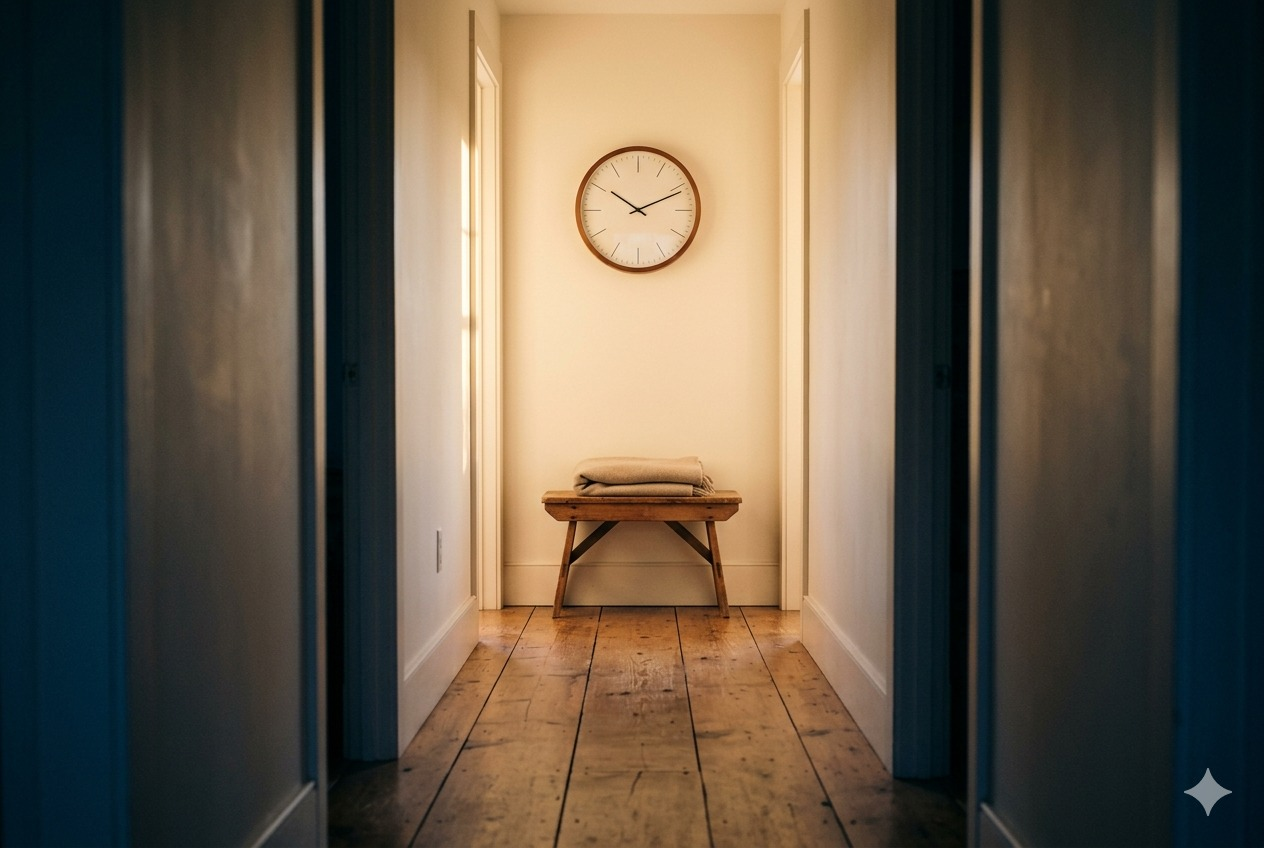 A wood-cased wall clock at the end of a residential hallway in soft evening light.
