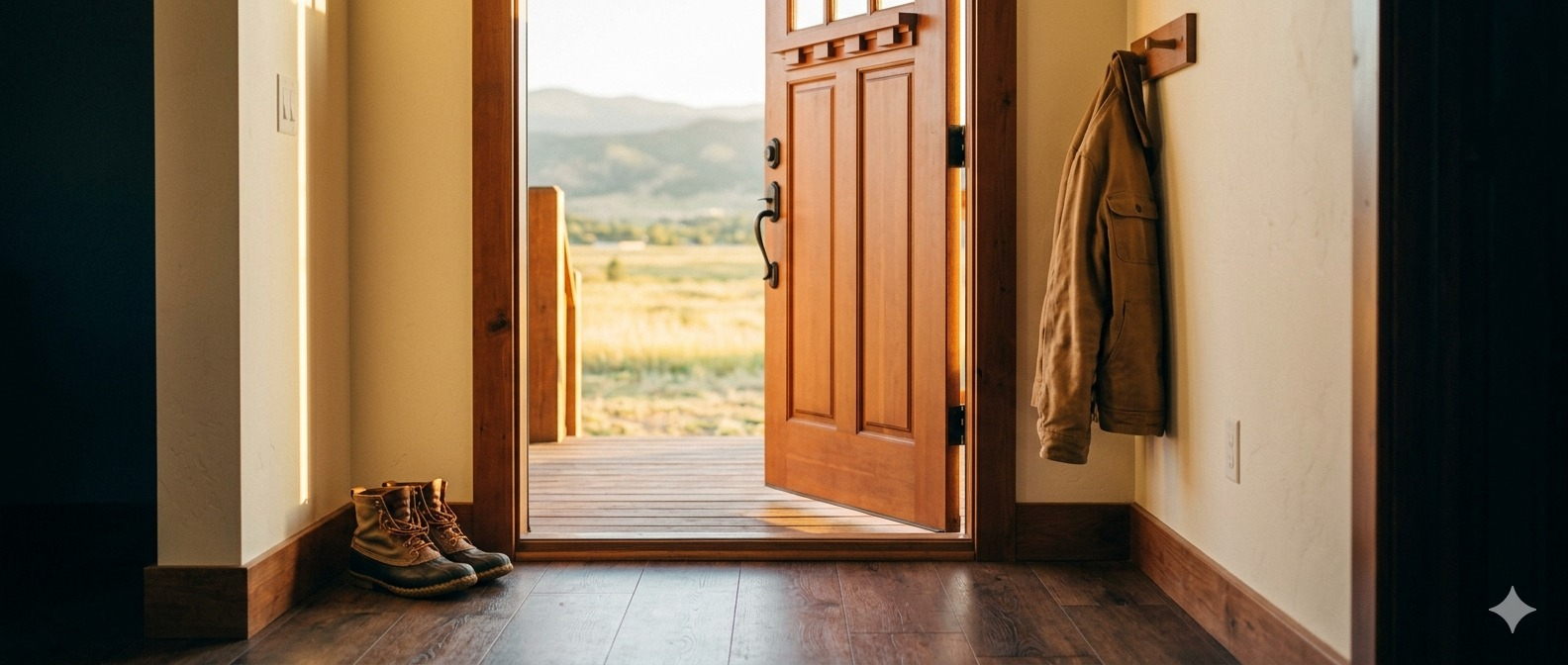 An open wooden front door of a residential home in late-afternoon light, with work boots on the threshold and a canvas jacket on a hook.