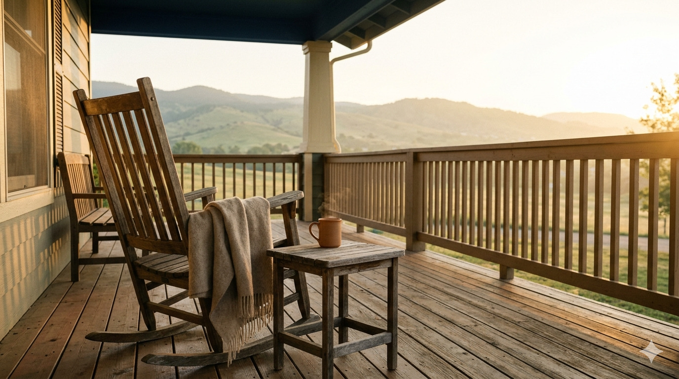 A person stands on a wooden porch in silhouette, looking out toward the Colorado foothills at sunrise.