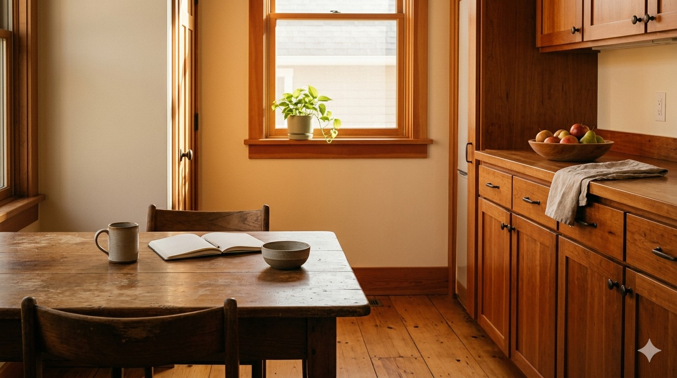 Morning light through a residential kitchen with a wooden dining table set for one.